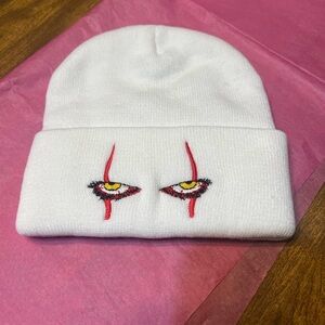 New Without Tags White Knit Beanie with Embroidered Eyes